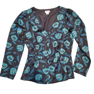LOFT Floral V-Neck Blouse - Black and Teal